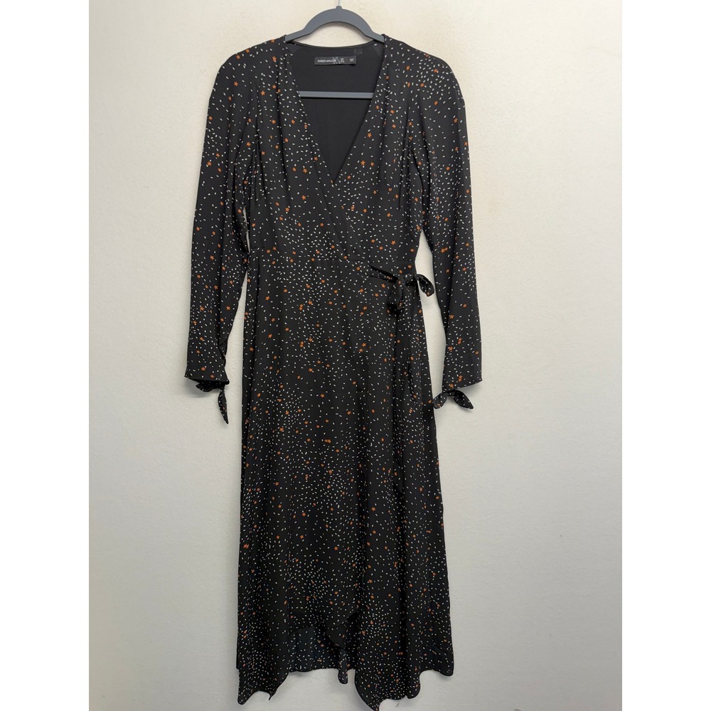 Karen Millen Black Star Print Wrap Midi Dress Long Sleeve Tie Cuff US 4